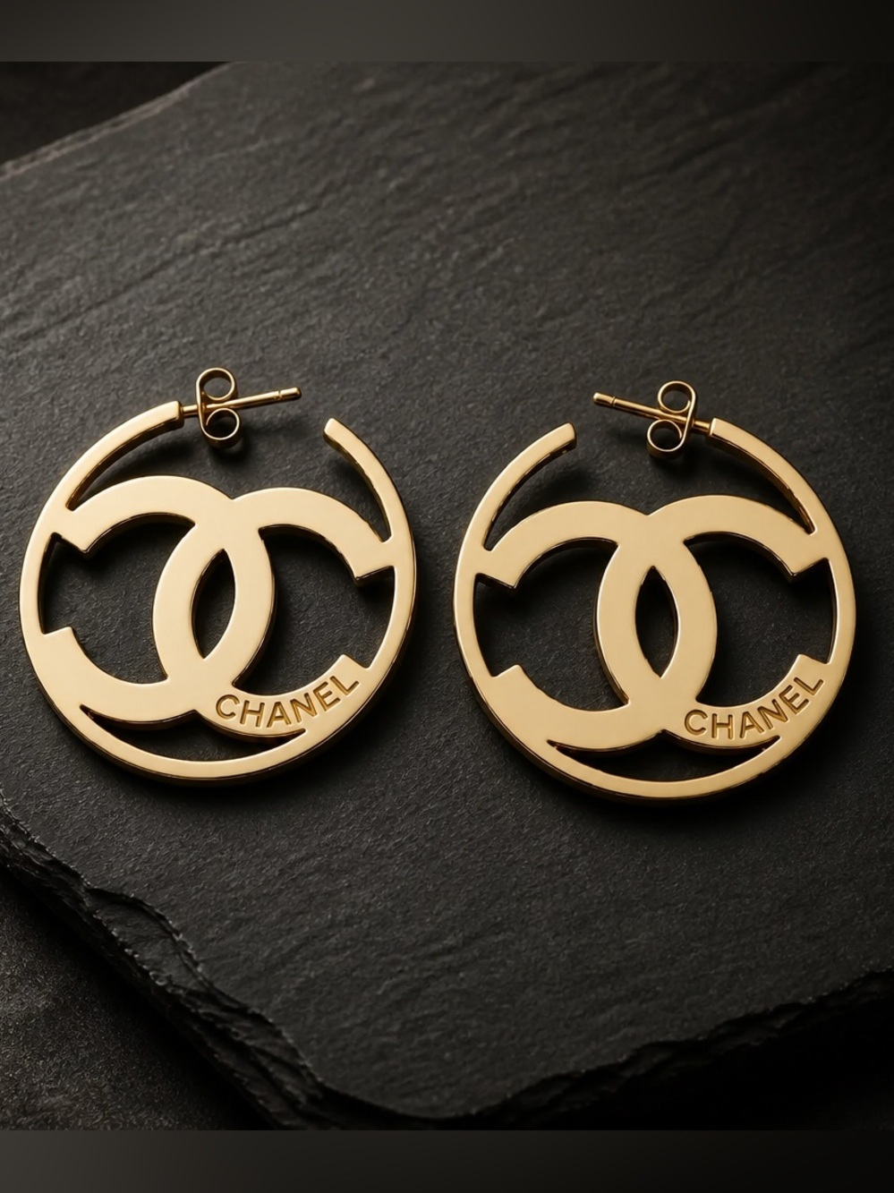 Stainless steel Gold tone Interlocking CC Hoop Earrings